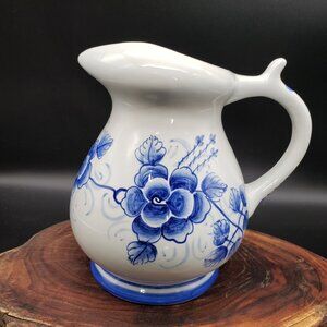 Blue White Floral Pitcher 7" Vase Made in Thailand Vintage Look Farmhouse Decor